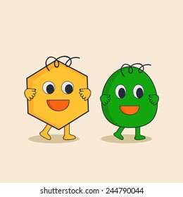 Character of yellow star and green egg in happy mood.