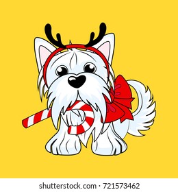 ?artoon character yorkshire terrier dog  in Christmas costumes with candy. Vector illustration for greeting card, poster, or print on clothes.  Hand drawing, vector illustration isolated on background