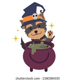 The character of Yorkshire terrier dog with witch costume for Halloween theme set. Graphic resource about dog pet animal and Halloween theme for content, banner, sticker label and greeting card.