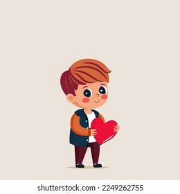 Character of Young Boy Holding Red Heart In Standing Pose. Happy Valentines Day Concept.