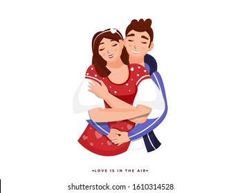 Character of Young boy hugging to his girlfriend on white background for Love Is In The Air concept.