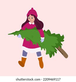 Character Of Young Girl Carrying Xmas Tree In Woolen Clothes On Pink Background.