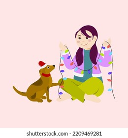 Character Of Young Girl Holding Lighting Garland And Dog Wear Santa Hat On Pink Background.