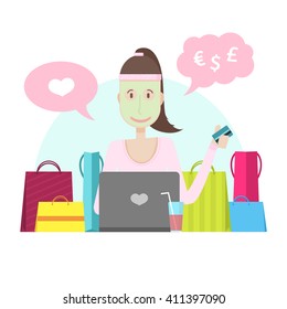 The character of a young girl with a laptop and credit card. The woman is engaged in online shopping. Spa procedures and online shopping at home. Young girl with mask on his face and purchase. Vector