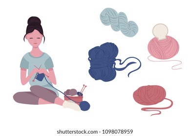 character young girl sitting and knitting on knitting needles and illustrations of different tangles of yarn. Flat simple vector illustration.