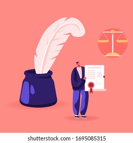 Character. Young Lawyer Stand at Huge Inkwell with Feather Pen and Scales Holding Certificate with Seal Stamp. Notary and Attorney Professional Service, Man with Document. Cartoon Vector Illustration
