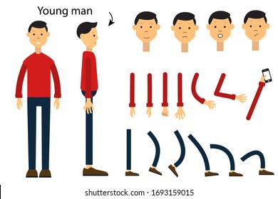 The character is a young man. Character for animation. Set for your movement. Vector illustration.