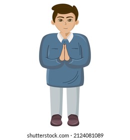 The character of the young man clasped hands over his chest. The character is apologizing. 