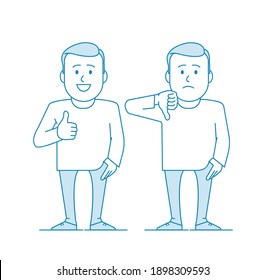 Character - a young man. Like and dislike. For better or worse, approval and condemnation. Manager or office worker. Illustration in line art style. Vector