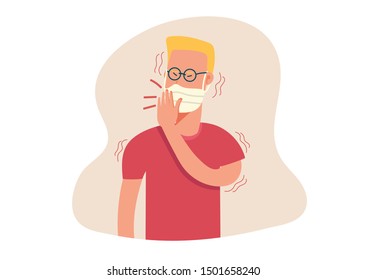 character of young man with mask suffering form fever, cold sickness, cough and shake, flu symptom, illness, health problem, allergy, virus infection. cartoon flat vector illustration. 