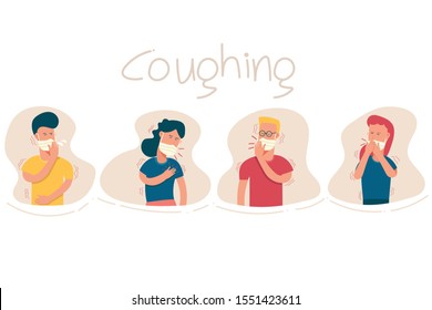 character of young man with mask suffering form fever, cold sickness, cough and shake, flu symptom, illness, health problem, allergy, virus infection. cartoon flat vector illustration.