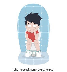 personaje de un joven sentado en el tazón del baño y que sufre de estreñimiento aislado de fondo blanco. Concepto de enfermedad, lesión y accidente del ilustrador de vectores.