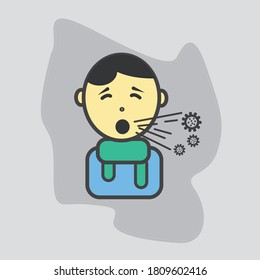 The character of a young man who coughs, flu symptoms, health problems, and viral infections. Sick young man isolated on gray background and colorful flat design vector illustration.