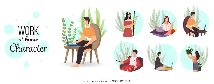 Character Of Young People Freelance Work At Home Indoor On White Background.