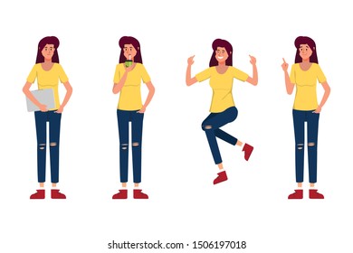 Character young woman creation pose for animation flat design. Lifestyle people in trendy. Cartoon flat style infographic illustration.