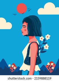 El personaje de una joven camina por el parque sobre un cielo azul y un fondo de montaña. Vida humana, actividad de verano. Paleta de color rosa y azul vectorial plano de dibujos animados