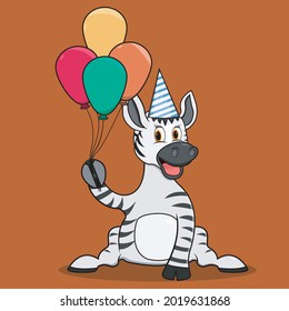 Character Zebra Bring Balloons, Brown Colors Background, Mascot, Icon, Character or Logo, Vector and Illustration.