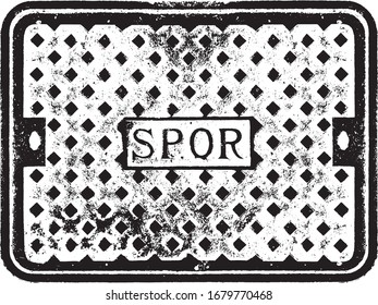 Characteristic iron manhole cover in the streets of the city of Rome, with the inscription SPQR (Senatus Populusque Romanus, "The Roman Senate and People"). Texture, pattern.
