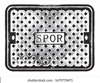 Characteristic iron manhole cover in the streets of the city of Rome, with the inscription SPQR (Senatus Populusque Romanus, "The Roman Senate and People"). Texture, pattern.