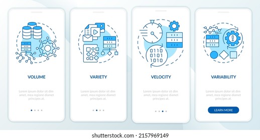 Characteristics of big data blue onboarding mobile app screen. Industry walkthrough 4 steps graphic instructions pages with linear concepts. UI, UX, GUI template. Myriad Pro-Bold, Regular fonts used