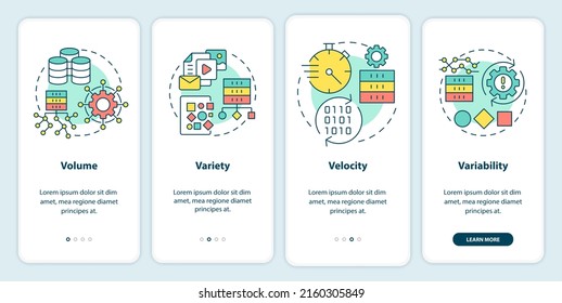 Characteristics of big data onboarding mobile app screen. Digitalization walkthrough 4 steps graphic instructions pages with linear concepts. UI, UX, GUI template. Myriad Pro-Bold, Regular fonts used