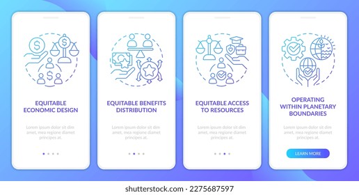 Characteristics of inclusive growth blue gradient onboarding mobile app screen. Walkthrough 4 steps graphic instructions with linear concepts. UI, UX, GUI template. Myriad Pro-Bold, Regular fonts used