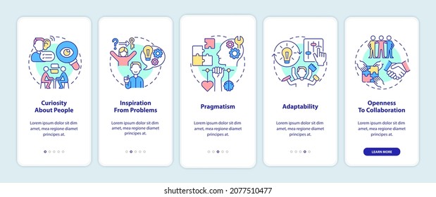 Characteristics of social entrepreneurship onboarding mobile app page screen. Walkthrough 5 steps graphic instructions with concepts. UI, UX, GUI vector template with linear color illustrations