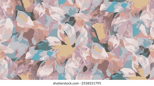 characterized by vibrant colors, predominantly in shades of pink and lilac. It incorporates abstract elements that resemble flowers, showcasing a playful and colorful art style. 