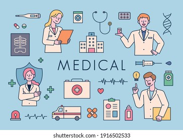 Characterized medical icons of doctors making various gestures. The doctor character explains in a confident pose. Medical icons such as hospital, first aid kit, ambulance.