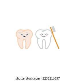 Characterized vector illustrations of toothbrush, happy and unhappy tooth. Tooth and toothbrush icons.
