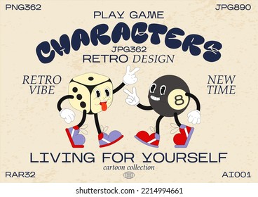 Сartoon characters 90s poster. fashion poster. funny colorful characters cube and magic ball in doodle style with gloved hands. Vector groovy illustration with typography