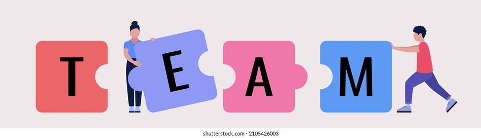 Characters add the word Team from puzzle pieces. Vector illustration in a flat style
