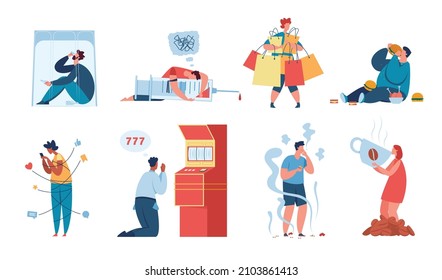 Characters with addictions and bad habits, people smoking or drinking. Character addicted to gambling, food and caffeine addiction vector set. Man and woman having problems with drugs and social media