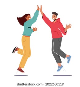 Characters Agree, Celebrate Triumph. Man and Woman Feeling Positive Emotions Giving Highfive to Each Other, Goal Achievement, Good Mood, Victory or Successful Deal. Cartoon People Vector Illustration