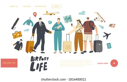 Characters in Airport Landing Page Template. People Boarding on Airplane. Travelers and Aircraft Crew Pilot with Stewardess Invite Passengers to Board on Air Jet Plane. Linear Vector Illustration