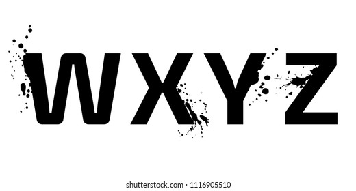 The characters of the alphabet, creative letters w, x, y, z with brush strokes, drops, splashes of ink spray. Characters of English alphabet. Vector modern design elements for your art