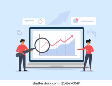 Los personajes analizan el gráfico y el gráfico con una gran lupa. Análisis de datos para la inversión. Ilustración vectorial del crecimiento del negocio y una estrategia de inicio eficaz.