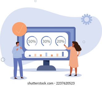 Characters analyzing charts, balance sheet, income statement and other business data. financial management concept.