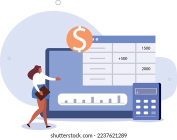 Characters analyzing charts, balance sheet, income statement and other business data. financial management concept.vector illustration.