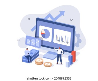 Caracteres que analizan los datos financieros y planifican la estrategia de inversión. Personas examinando gráficos, gráficos y diagramas financieros. Concepto de gestión financiera. Ilustración vectorial isométrica plana.