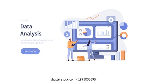Characters analyzing graphs, charts and diagrams. People planning business strategy and managing data and finance. Data analysis concept. Flat cartoon vector illustration.