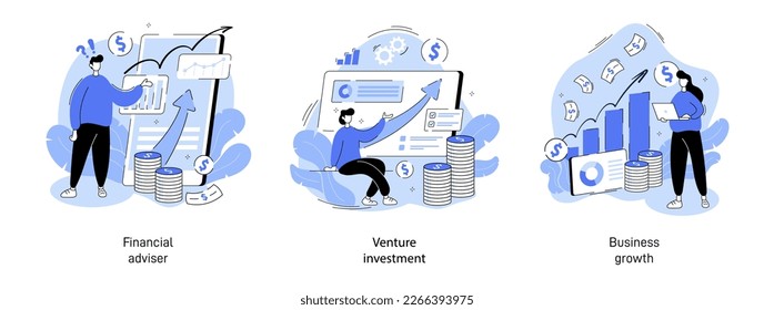 Characters analyzing investments illustration set. Finance growth celebrating financial success and investment. Money increasing concept. Modern flat illustration for concept design.