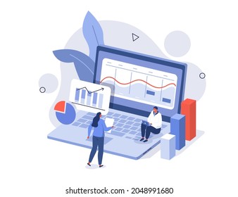 Caracteres que analizan los datos del mercado de valores y planifican la estrategia de inversión. Personas examinando gráficos, gráficos y diagramas financieros. Concepto de comercio de valores. Ilustración vectorial isométrica plana aislada.