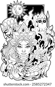 Characters of ancient Slavic fairy tales, monochrome illustration design