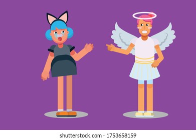 Characters of an angel blame her friend. Halloween theme. Simple character vector illustration.
