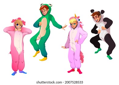 Characters in animal costumes, people in kigurumi on pajamas party. Vector cartoon set of happy men and women in funny pyjamas of pig, unicorn, frog and panda isolated on white background