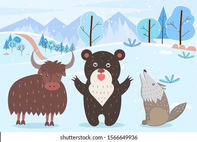 Characters animals in winter forest. Howling wolf and roaring bear, bull with furry coat. Cute personages in woodlands with trees covered with snow. Landscape of woodlands. Vector in flat style