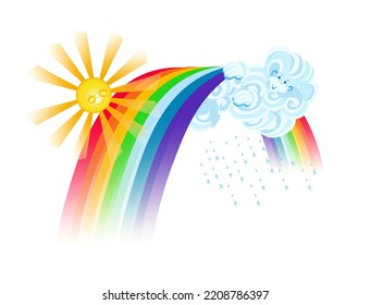 Characters For Animation Refraction Of Light Iridescent Formation A Cloud In Raindrops Kind Cheerful And The Sun Shines With Rays Of Heat Shines Looks Out All The Colors Of Rainbow