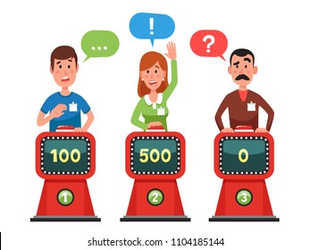 Characters Answer Test Question On Intellect Show. Gaming Cartoon Man And Woman Pressing Button And Answering Quiz Questions. Game Trivia Competition Vector Flat Illustration