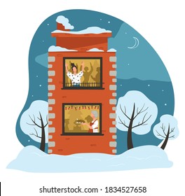 Characters in apartments celebrating new year or christmas. Partying youth and calm dinner of family. Xmas winter holidays and traditions, seasonal fun. Snowy house exterior, vector in flat style
